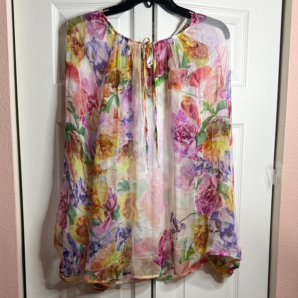 Johnny Was Tops - Johnny Was 100% Silk Floral Tunic Blouse 1X Boho Sheer Peasant Top